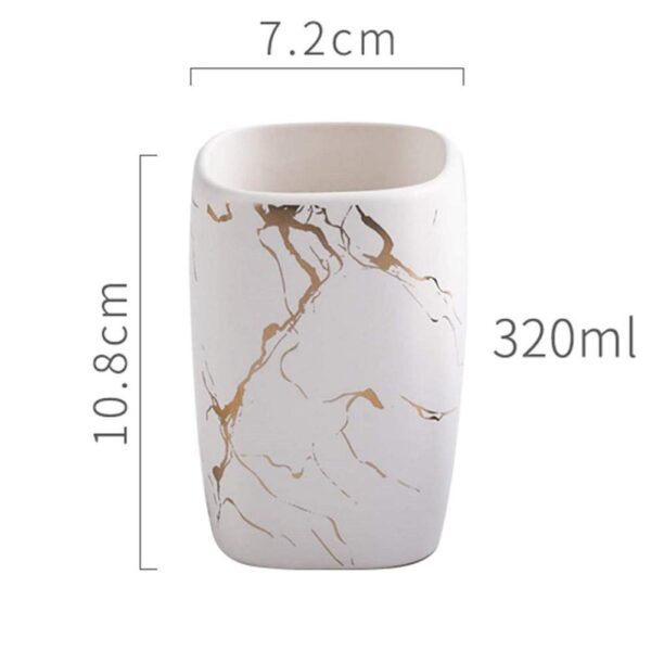 FülleMore 3-teiliges Keramik Zahnputzbecher Set – Marmor Optik, 2 Becher mit Tablett, Weiß – Bild 5