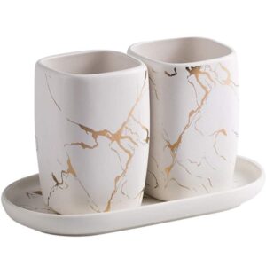FülleMore 3-teiliges Keramik Zahnputzbecher Set – Marmor Optik, 2 Becher mit Tablett, Weiß