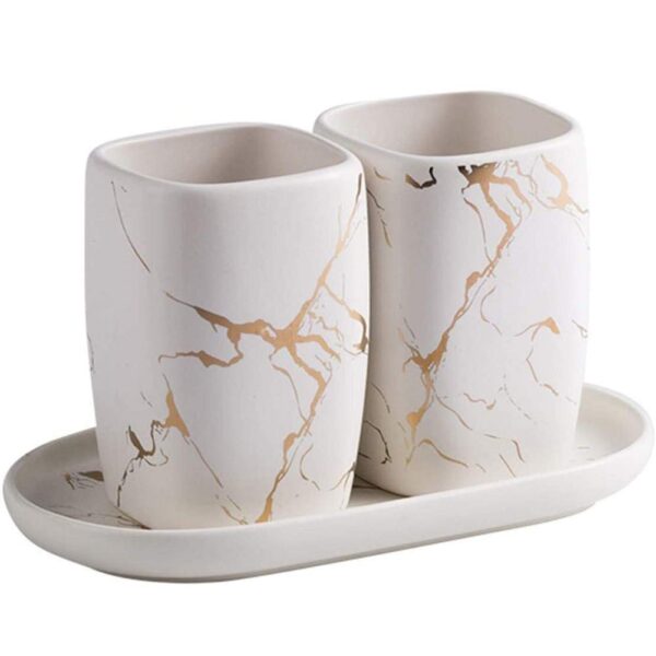 FülleMore 3-teiliges Keramik Zahnputzbecher Set – Marmor Optik, 2 Becher mit Tablett, Weiß – Bild 2
