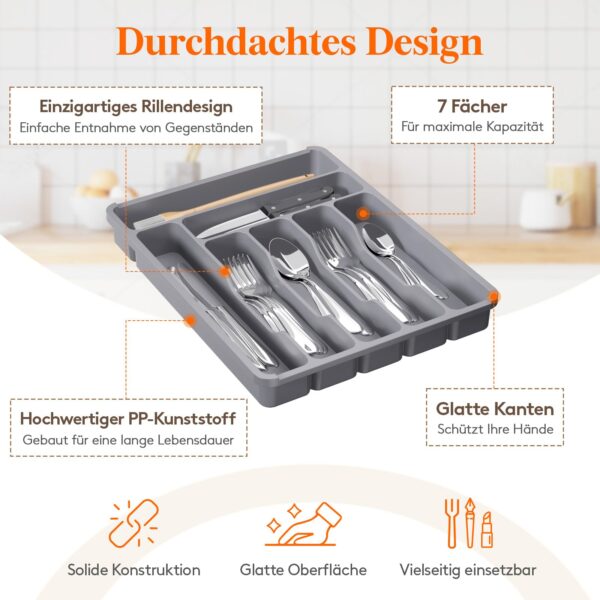 Lifewit Besteckkasten mit Deckel, 28,8×36,6 cm – 7 Fächer Kunststoff Organizer, Grau – Bild 4