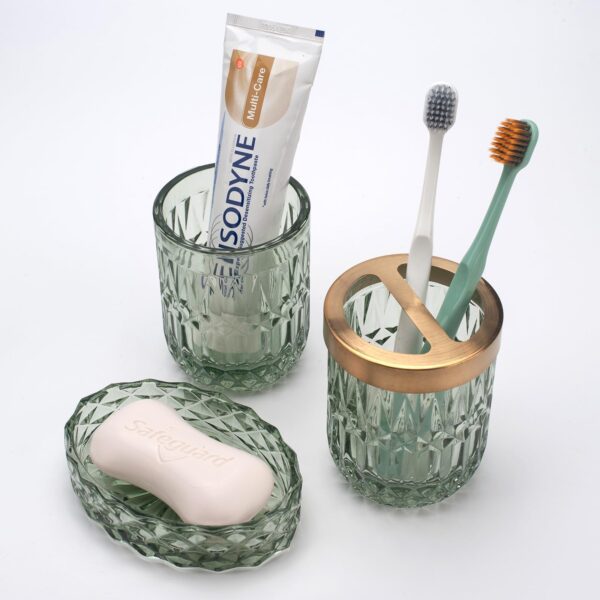 IVAILEX 5-teiliges Badezimmer Set aus grünem Glas – Seifenspender, Zahnbürstenhalter, Becher & Zubehör, Vintage Deko – Bild 6