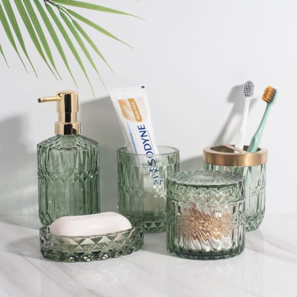 IVAILEX 5-teiliges Badezimmer Set aus grünem Glas – Seifenspender, Zahnbürstenhalter, Becher & Zubehör, Vintage Deko – Bild 7