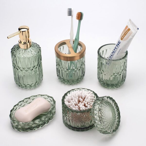 IVAILEX 5-teiliges Badezimmer Set aus grünem Glas – Seifenspender, Zahnbürstenhalter, Becher & Zubehör, Vintage Deko – Bild 9