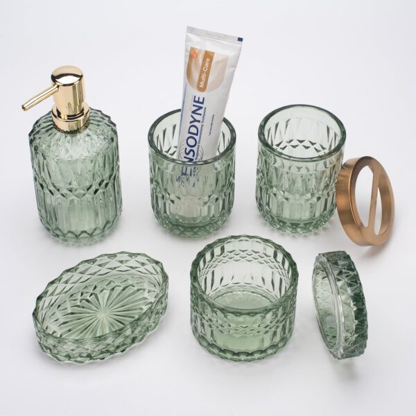 IVAILEX 5-teiliges Badezimmer Set aus grünem Glas – Seifenspender, Zahnbürstenhalter, Becher & Zubehör, Vintage Deko – Bild 8
