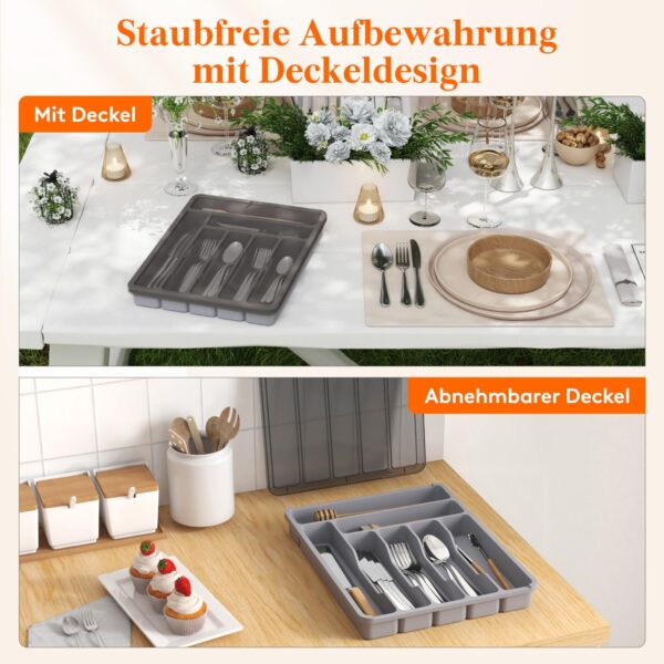 Lifewit Besteckkasten mit Deckel, 28,8×36,6 cm – 7 Fächer Kunststoff Organizer, Grau – Bild 9