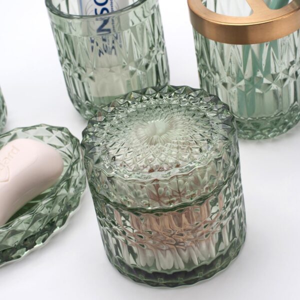 IVAILEX 5-teiliges Badezimmer Set aus grünem Glas – Seifenspender, Zahnbürstenhalter, Becher & Zubehör, Vintage Deko – Bild 3