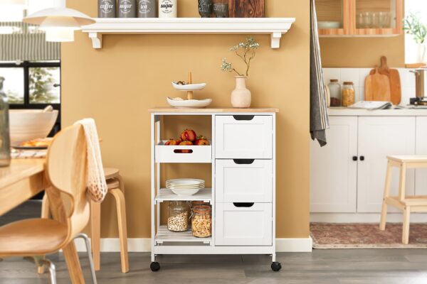SoBuy Rollbarer Küchenwagen mit Tablett und Ablagen – Weiß, 68x85x38cm – Bild 7