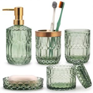 IVAILEX 5-teiliges Badezimmer Set aus grünem Glas – Seifenspender, Zahnbürstenhalter, Becher & Zubehör, Vintage Deko