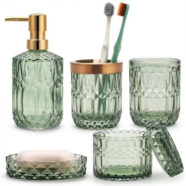 IVAILEX 5-teiliges Badezimmer Set aus grünem Glas – Seifenspender, Zahnbürstenhalter, Becher & Zubehör, Vintage Deko