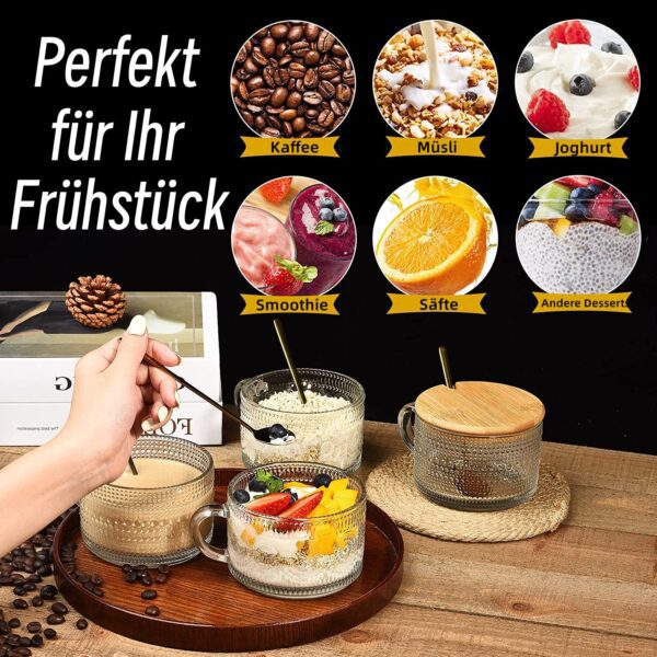 4er Set Latte Macchiato Gläser 400ml mit Deckel & Löffel – Jumbo Kaffeetassen für Tee, Oats, Porridge – Bild 4