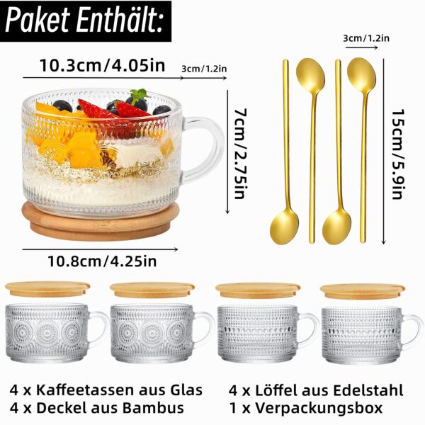 4er Set Latte Macchiato Gläser 400ml mit Deckel & Löffel – Jumbo Kaffeetassen für Tee, Oats, Porridge – Bild 6