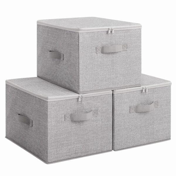 SONGMICS 3er Set Aufbewahrungsboxen mit Deckel, faltbar, 40x30x25 cm, Vliesstoff, taubengrau